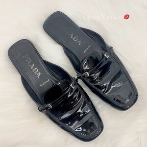 VINTAGE 1990'S PRADA PATENT LEATHER DOUBLE-BUCKLE SQUARE TOE LOAFER MULES